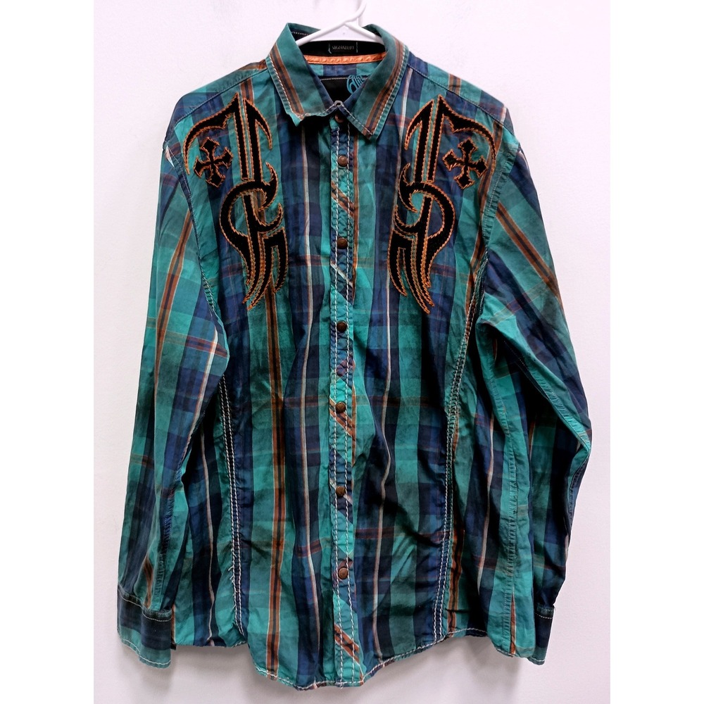 Roar Signature Button Down Shirt Mens XL Teal Plaid Embroidered Cross Western